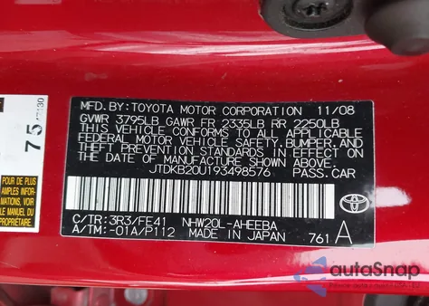 2009 Toyota Prius from USA, damaged, VIN JTDKB20U193498576